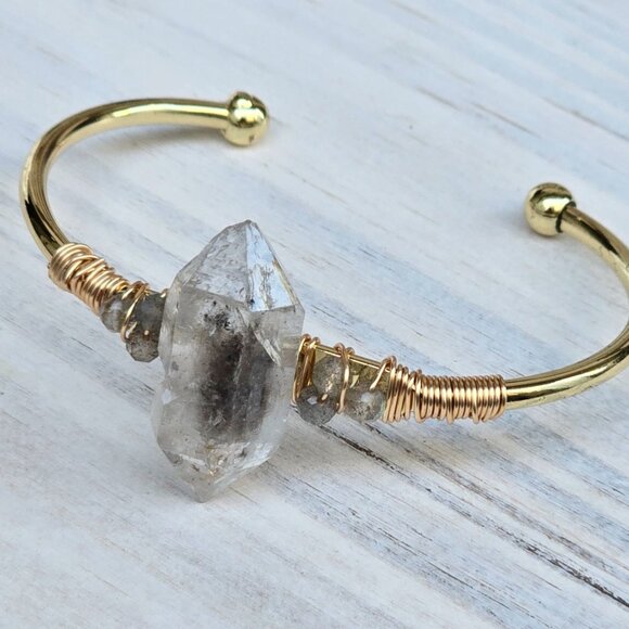 Herkimer Diamond Wire Wrap Cuff 14Kt Gold Over Copper Clarity Talisman Handmade - Picture 8 of 10